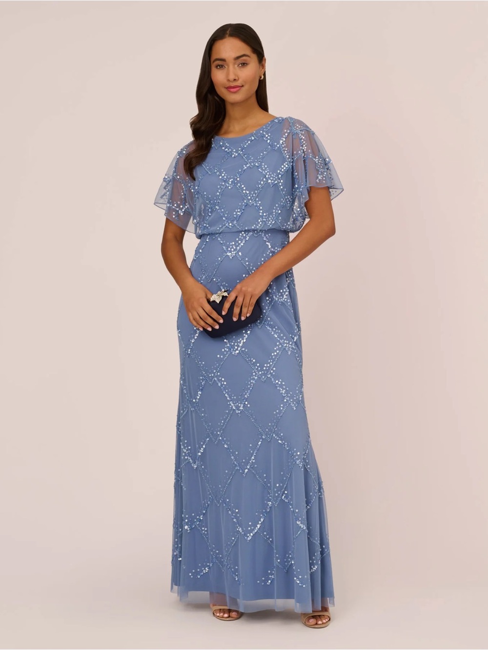NWTs Hand-Beaded Blouson Long Gown With Flutter Sleeves In French Blue
